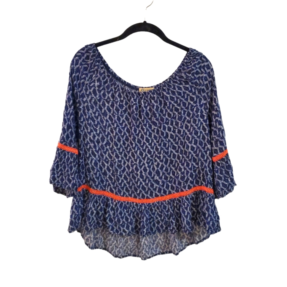 Democracy Women's Blue White Bohemian Peasant Flowy Top Small